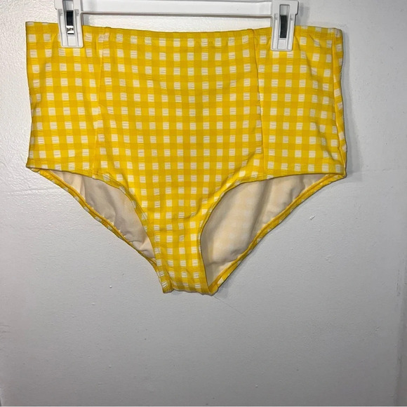 Kona Sol, XL Gingham, textured yellow white plaid high waist bikini bottom NEW - Picture 2 of 8